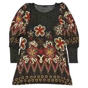Bacci Boho Floral Embroidered Sweater Dress Tunic size Med Gray Knit Long Sleeve